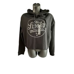 Moonshine Women's Black Distressed Logo Drawstring Crop Hoodie Jacket 2XL NWT